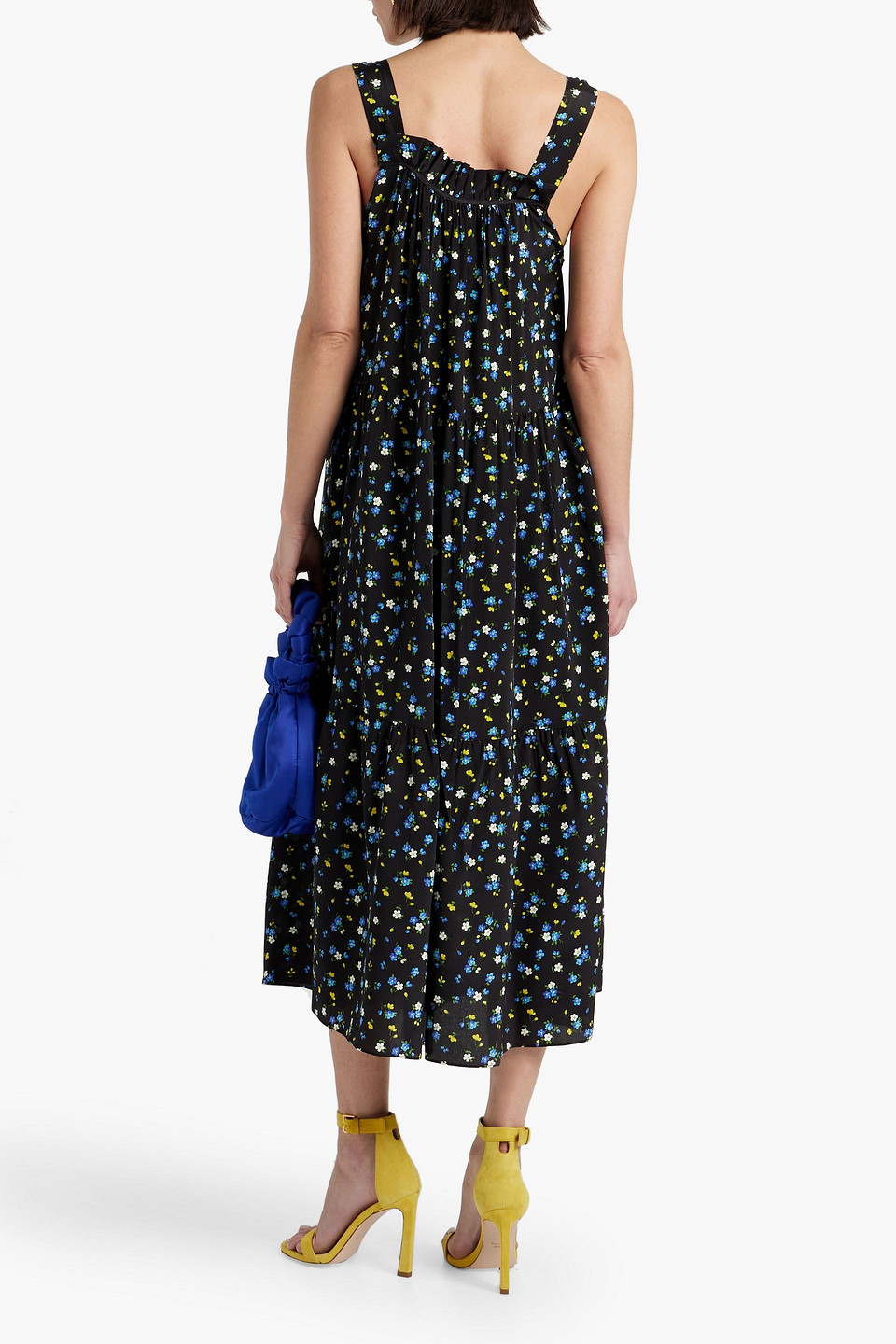 Shop Les Rêveries Tiered Floral-print Silk Crepe De Chine Midi Dress In Black