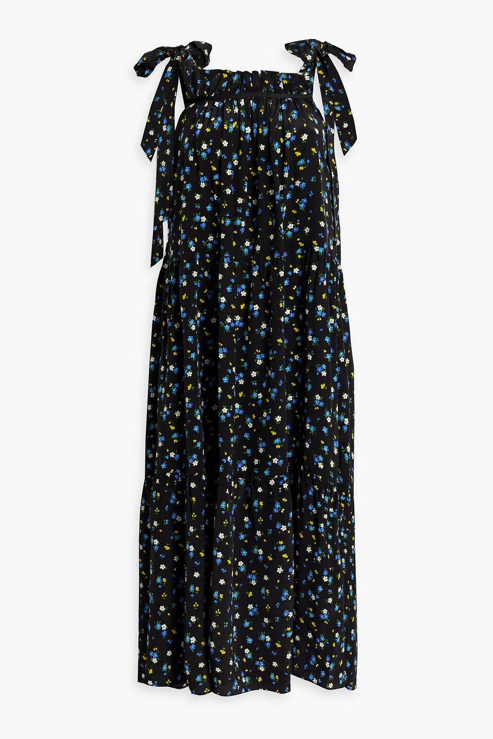 Les Rêveries Tiered Floral-print Silk Crepe De Chine Midi Dress In Black