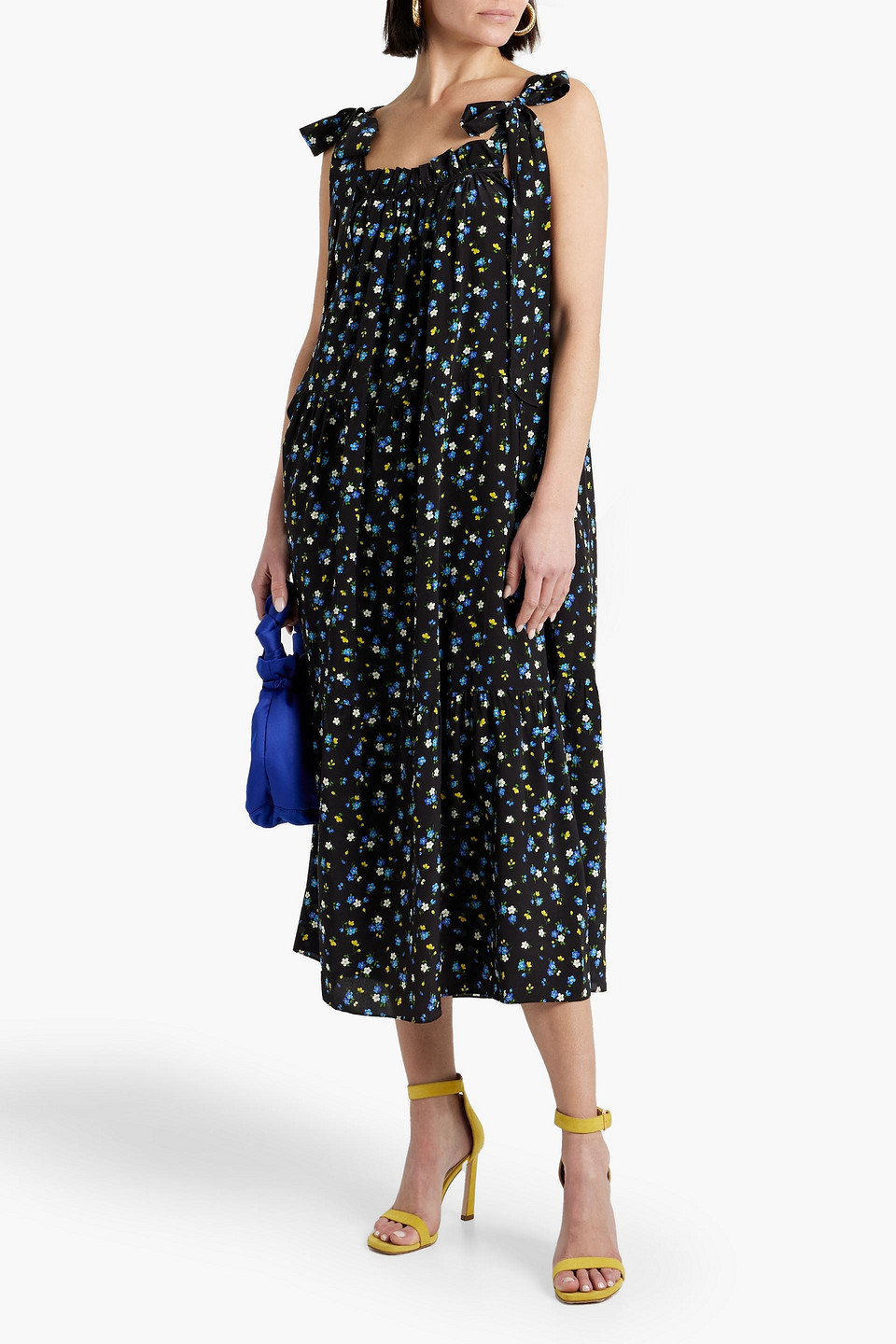 Shop Les Rêveries Tiered Floral-print Silk Crepe De Chine Midi Dress In Black