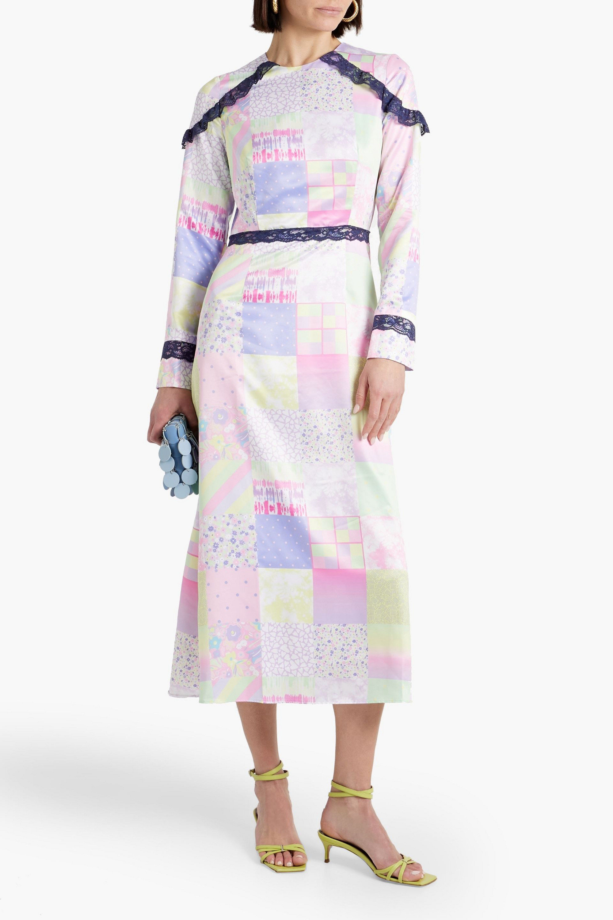 Olivia Rubin Patchwork-effect printed satin midi dress