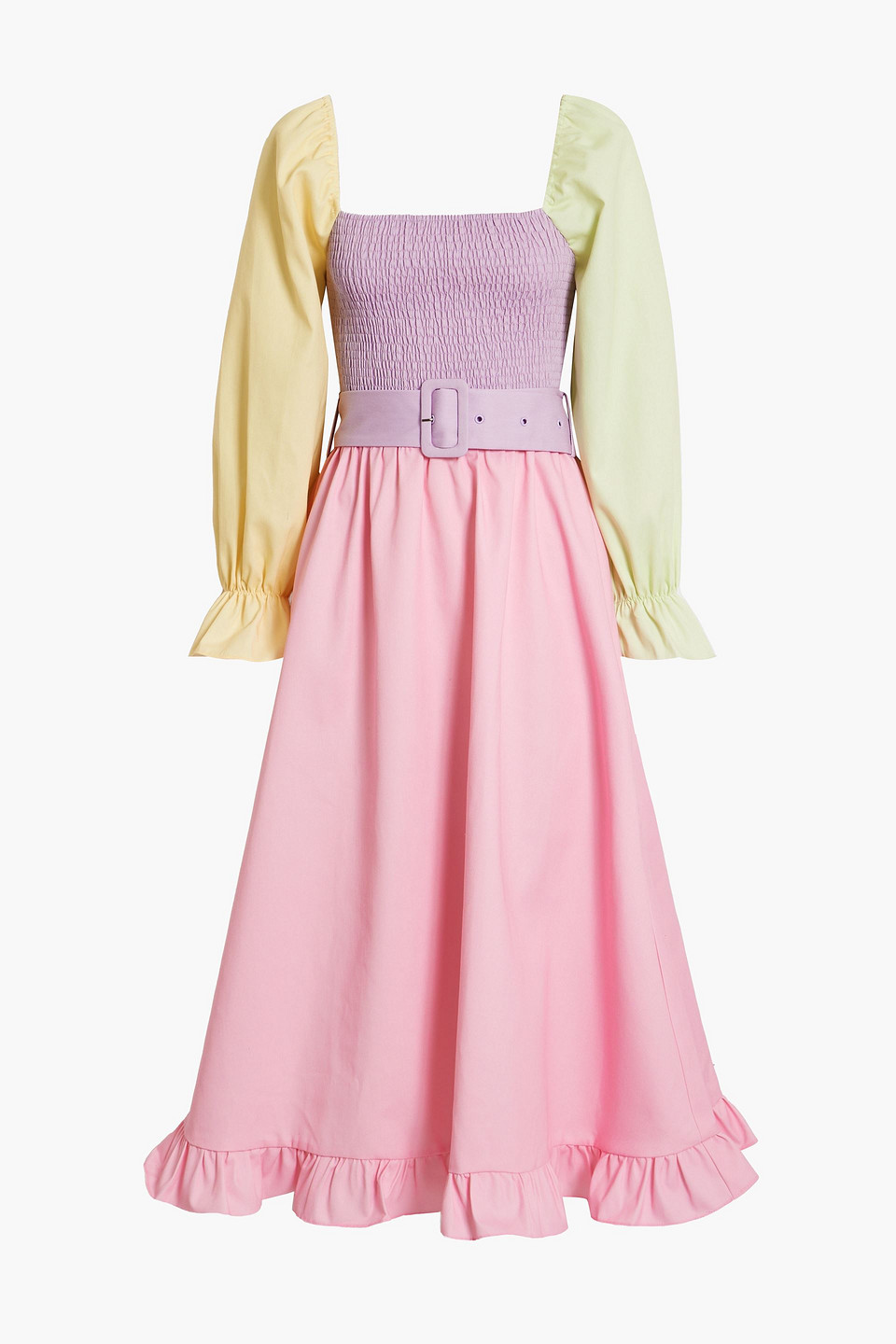 Olivia Rubin Shirred Color-block Twill Midi Dress In Pink ModeSens