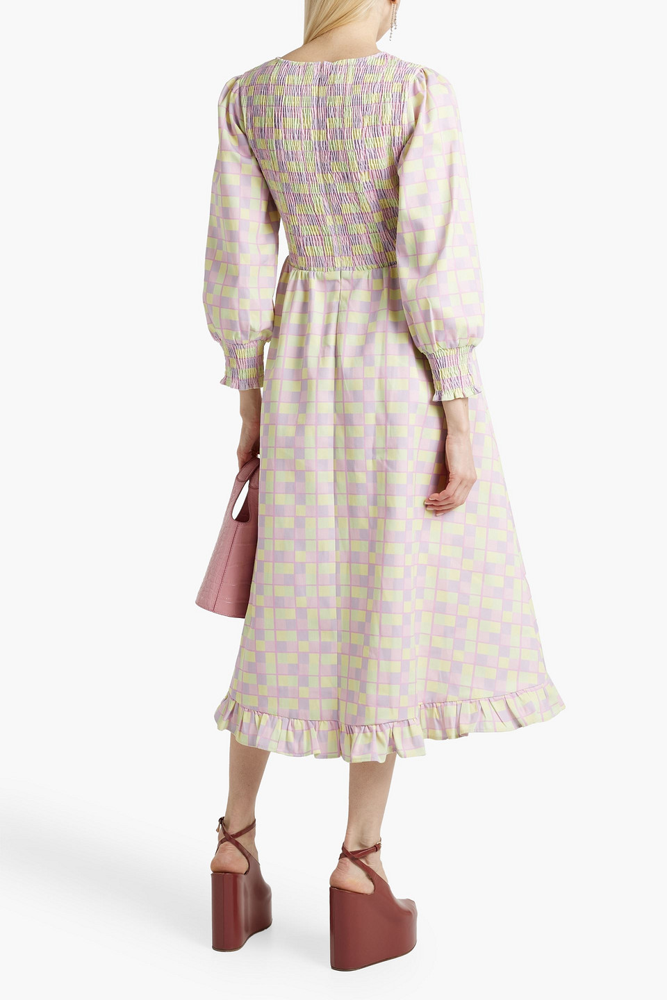 Shop Olivia Rubin Shirred Checked Twill Midi Dress In Pink