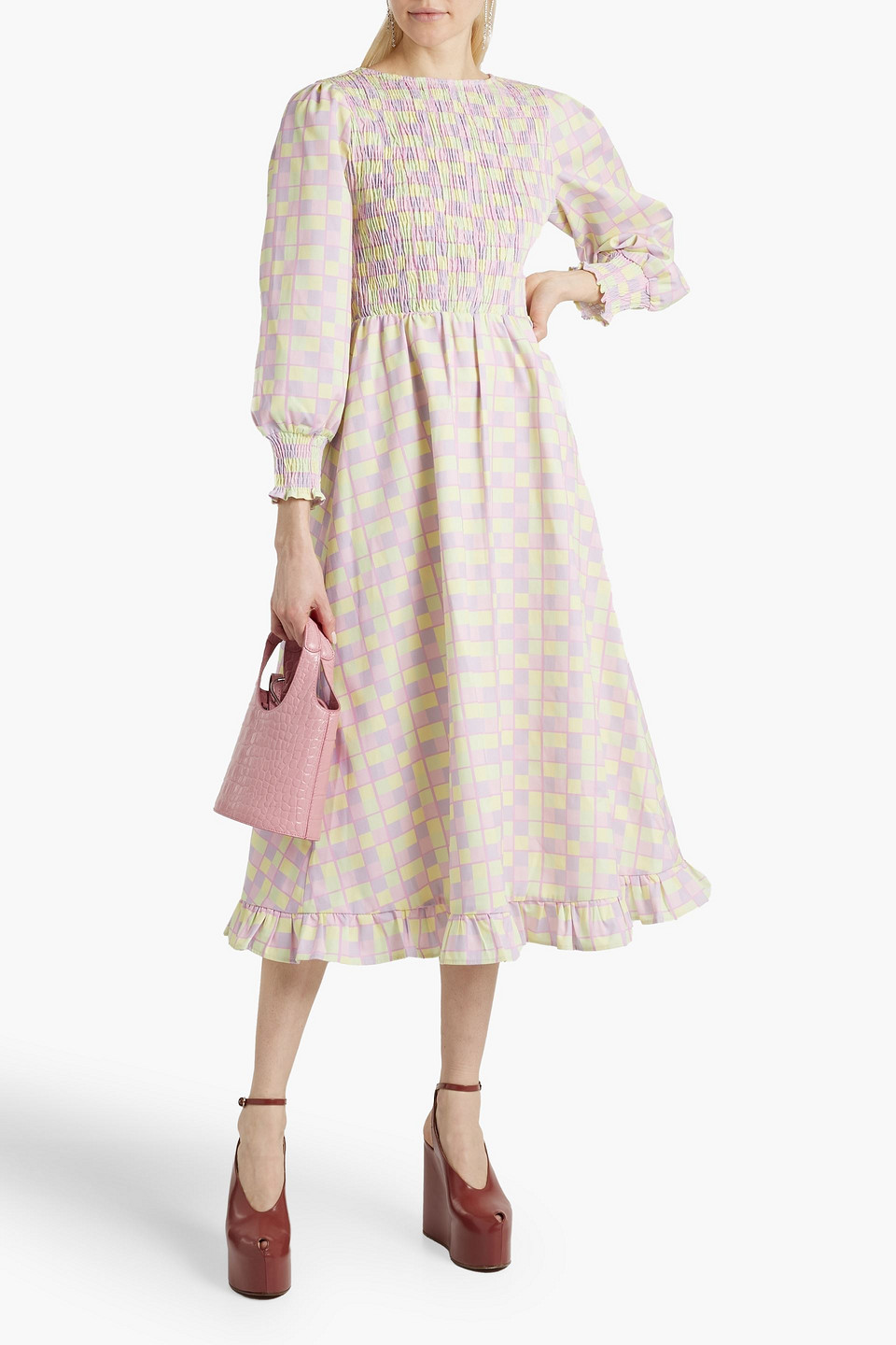 Shop Olivia Rubin Shirred Checked Twill Midi Dress In Pink