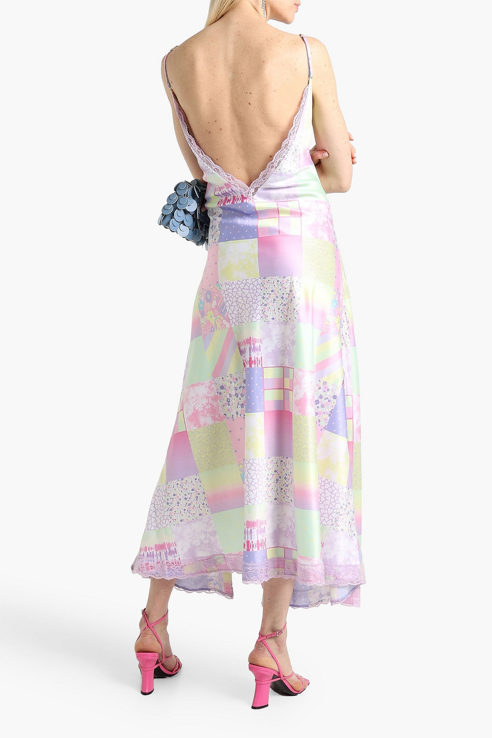 Shop Olivia Rubin Printed Lace-trimmed Satin Maxi Dress In Lilac