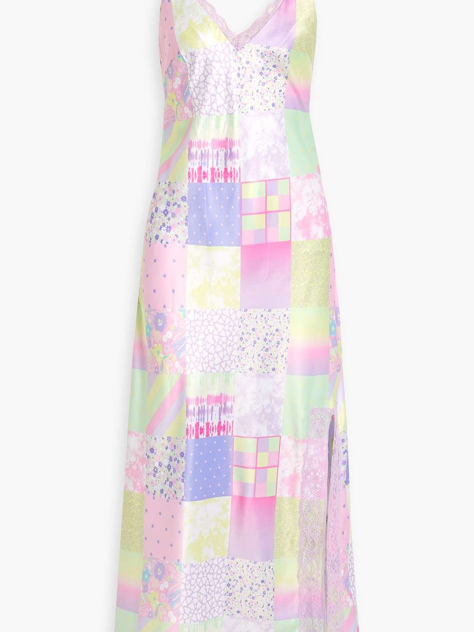 printed lace-trimmed satin maxi dress