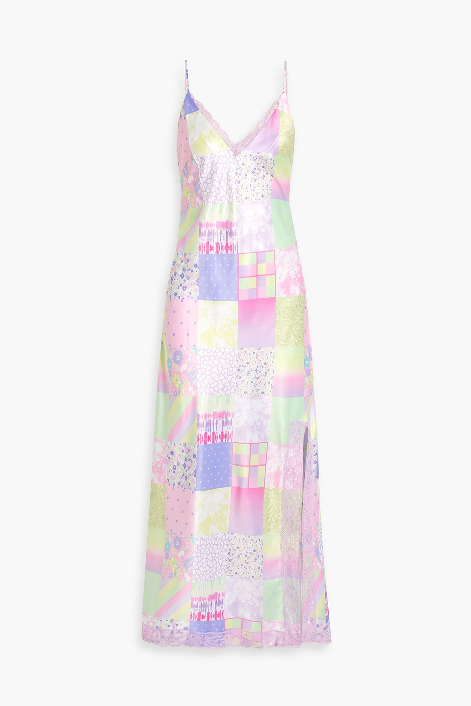 Printed lace-trimmed satin maxi dress