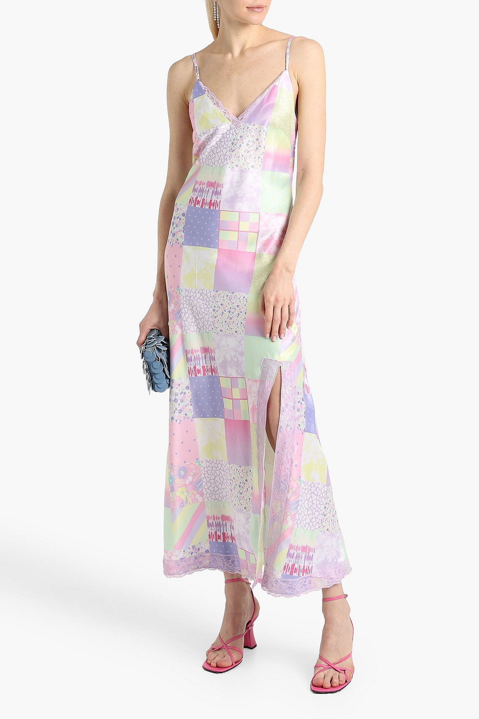 Shop Olivia Rubin Printed Lace-trimmed Satin Maxi Dress In Lilac