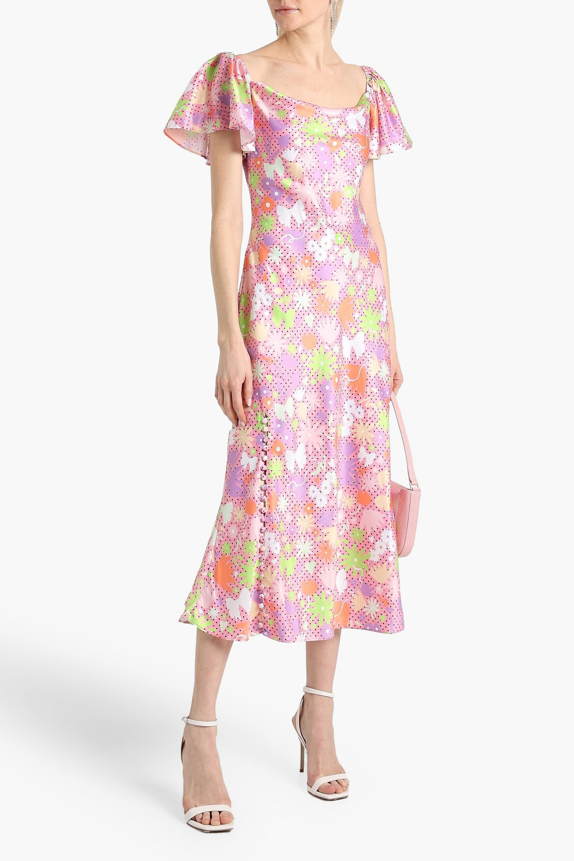 Olivia Rubin Button-embellished printed satin midi dress