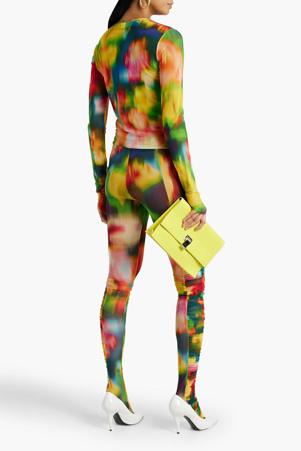 Shop Dries Van Noten Ruched Tie-dyed Mesh Leggings In Yellow