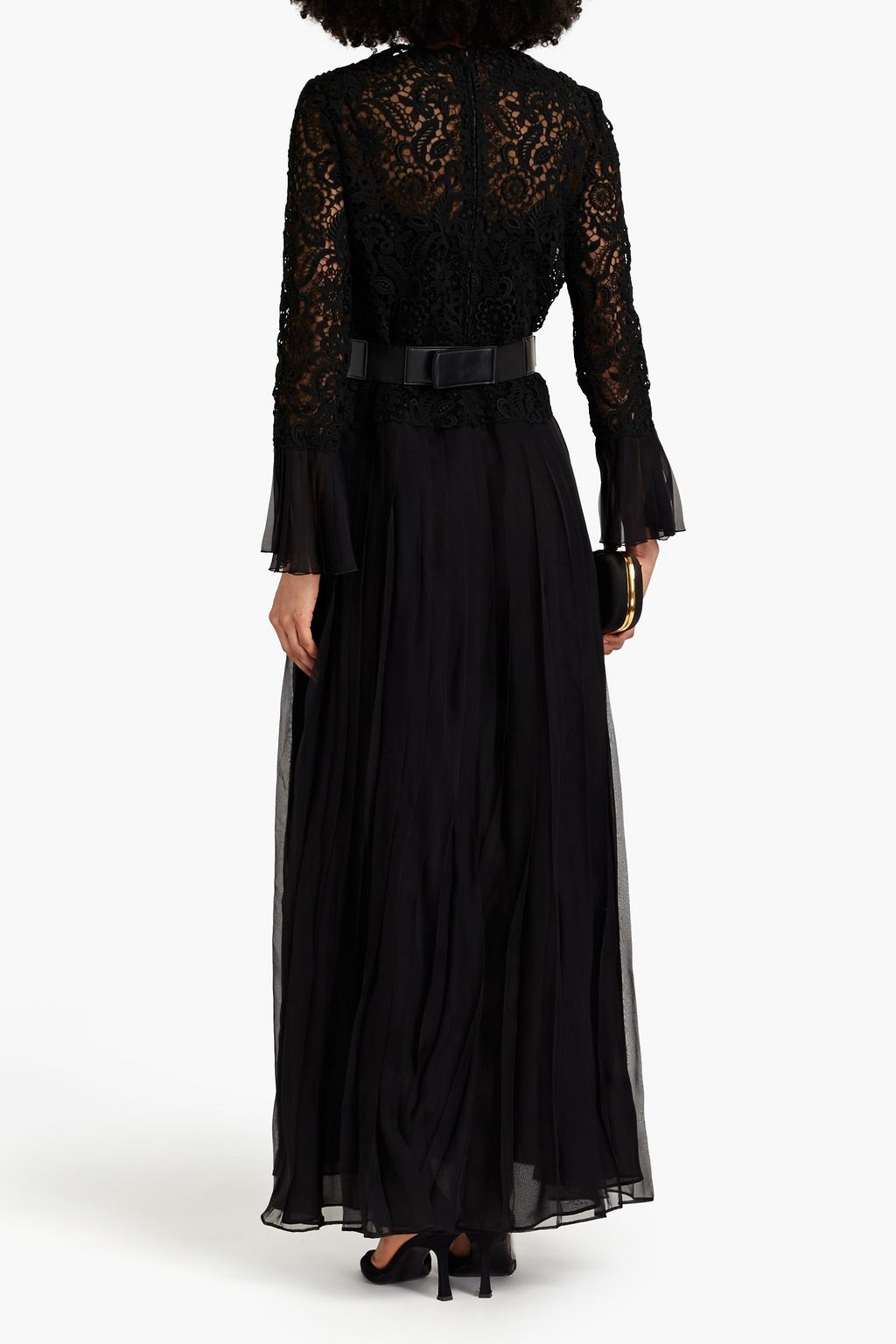 VALENTINO GARAVANI Macramé lace-paneled pleated silk-blend voile gown