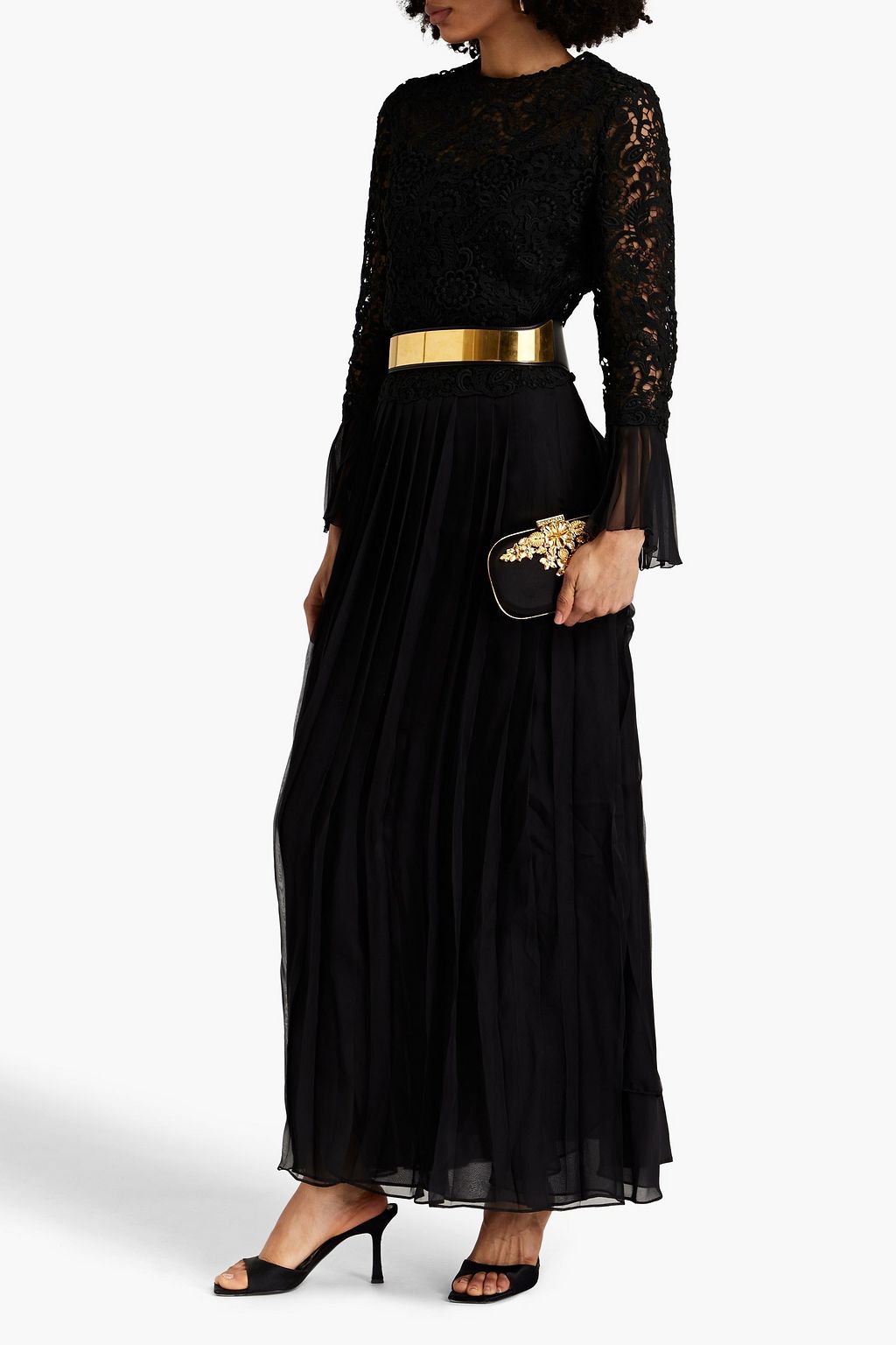 VALENTINO GARAVANI Macramé lace-paneled pleated silk-blend voile gown