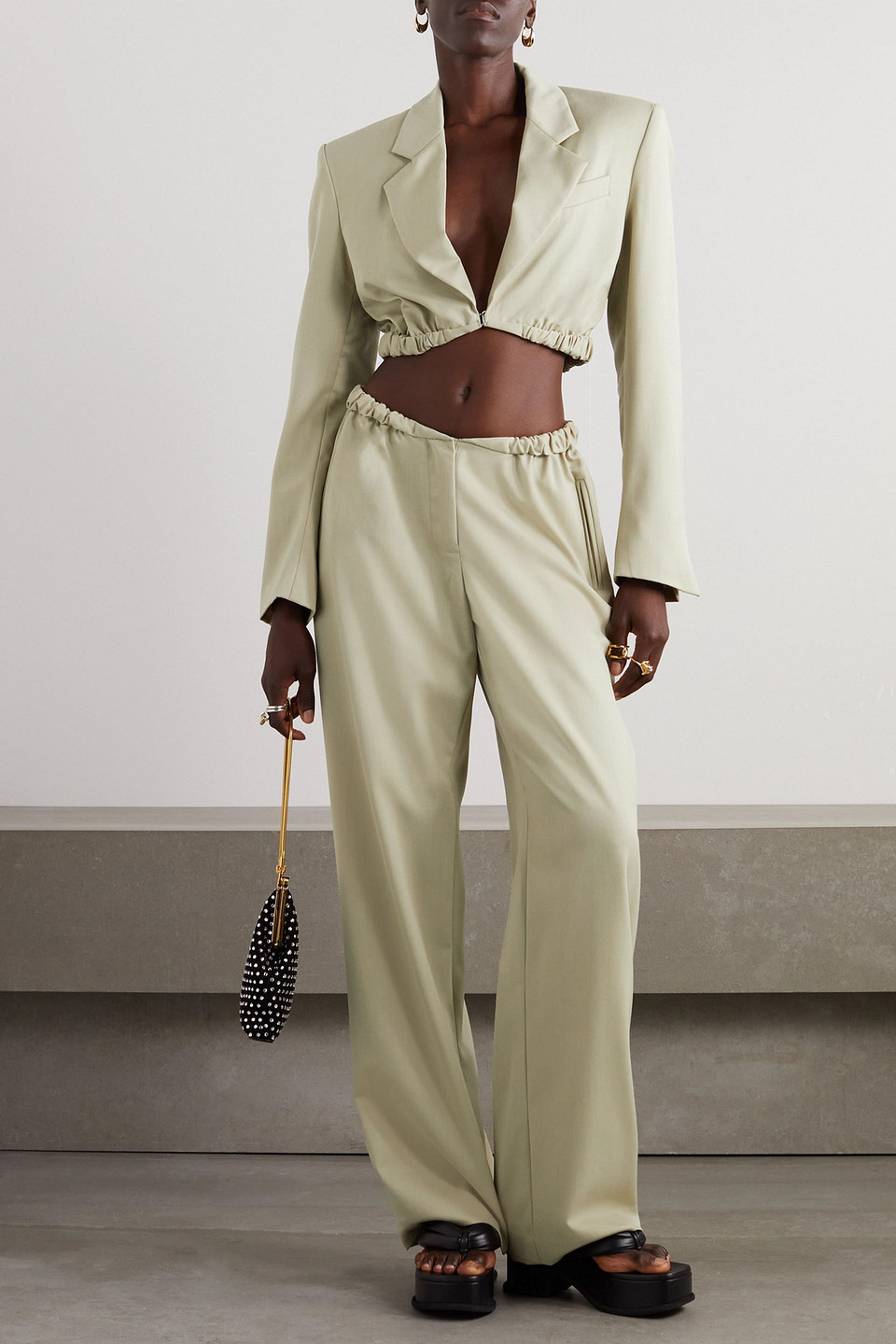 CHRISTOPHER ESBER CONTORTA RUCHED WOOL-BLEND GABARDINE WIDE-LEG PANTS