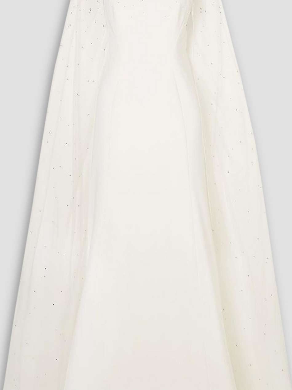 cape-effect embellished tulle and crepe gown