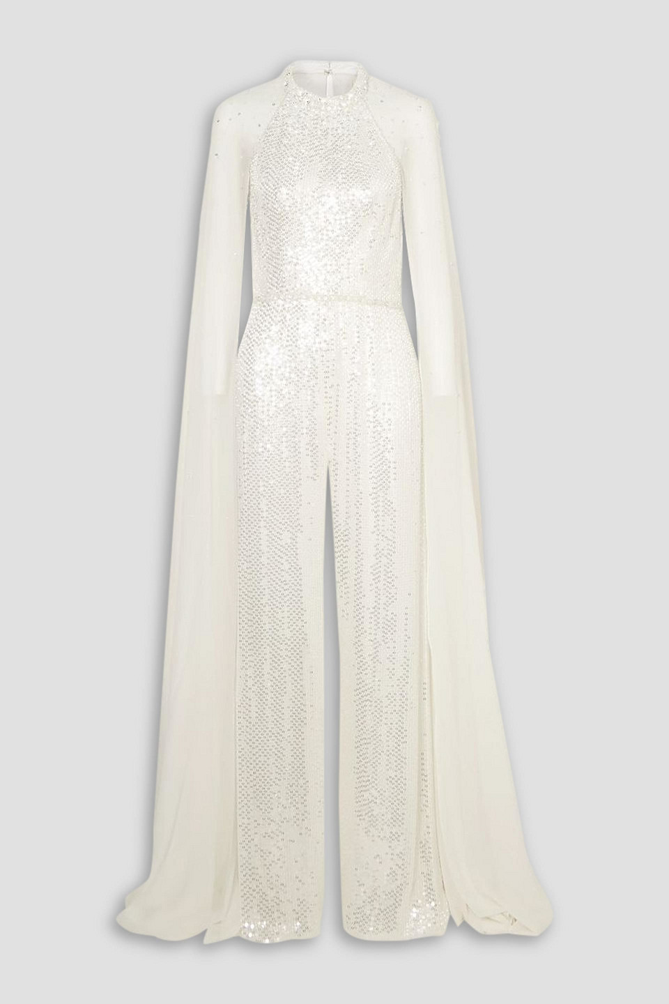 Jenny Packham Cape-effect Sequined Chiffon Jumpsuit In White