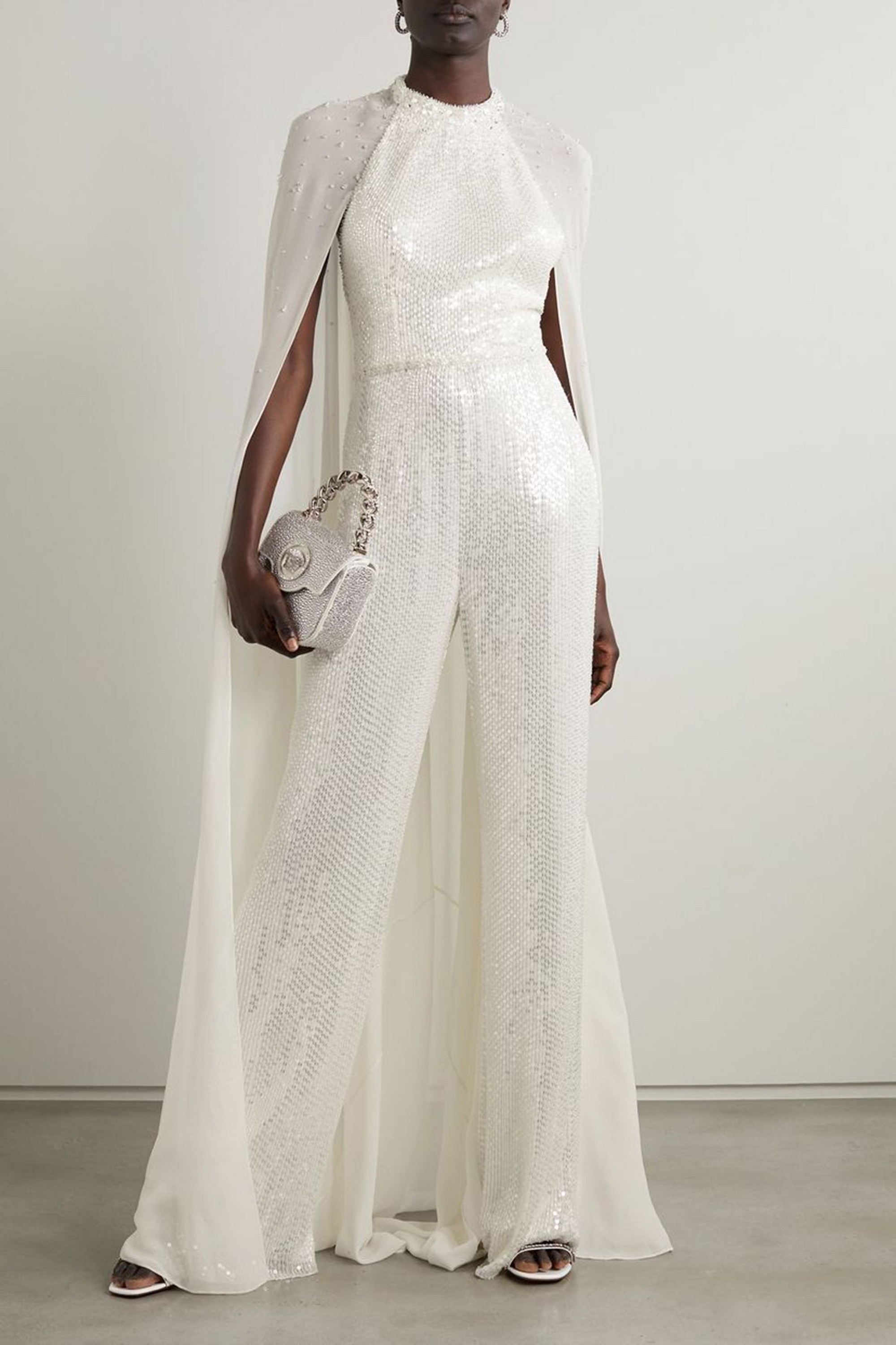 Jenny Packham Cape-effect sequined chiffon jumpsuit