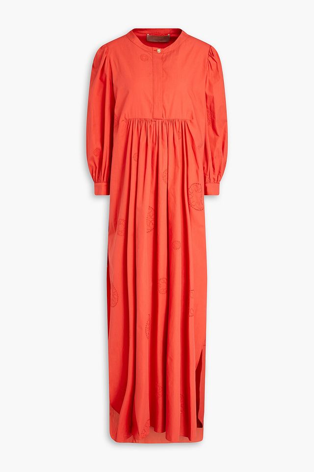 Gathered embroidered silk maxi dress