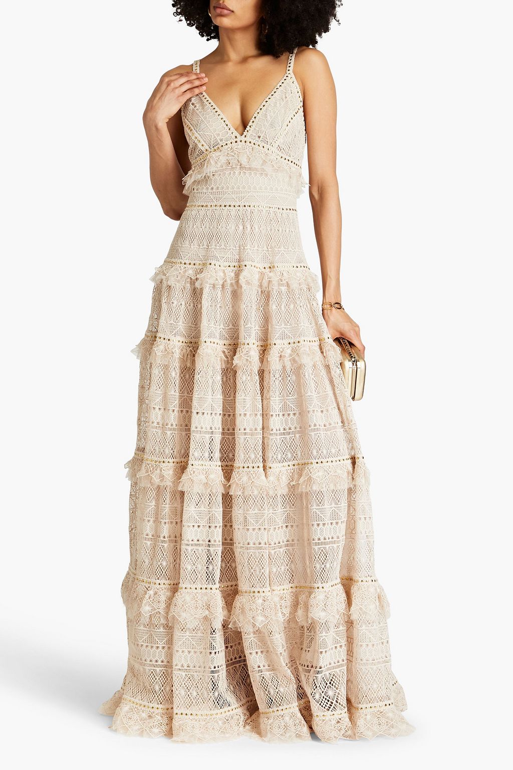 ELIE SAAB Tiered studded macramé gown