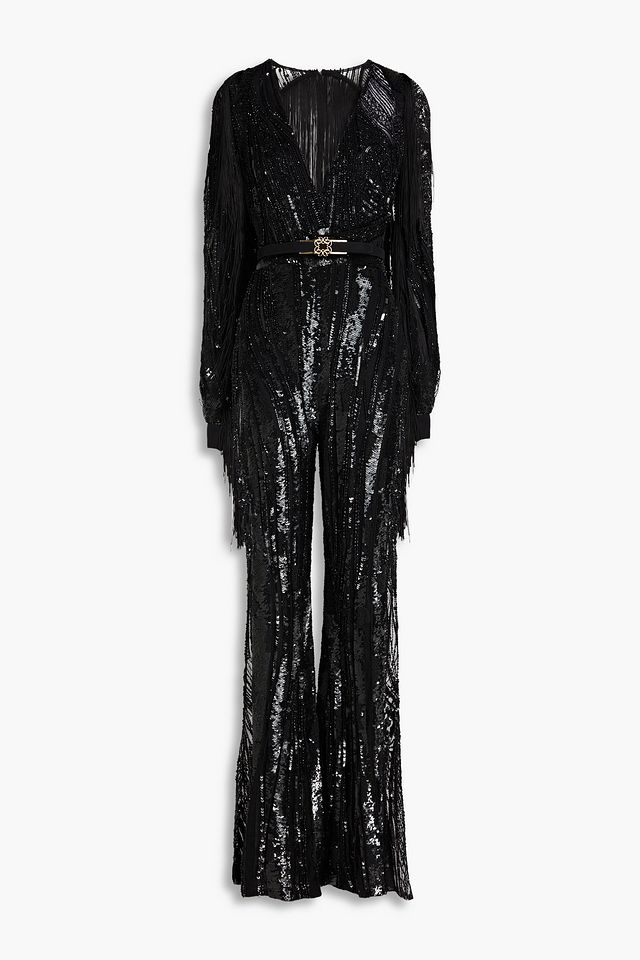 Wrap-effect embellished tulle wide-leg jumpsuit