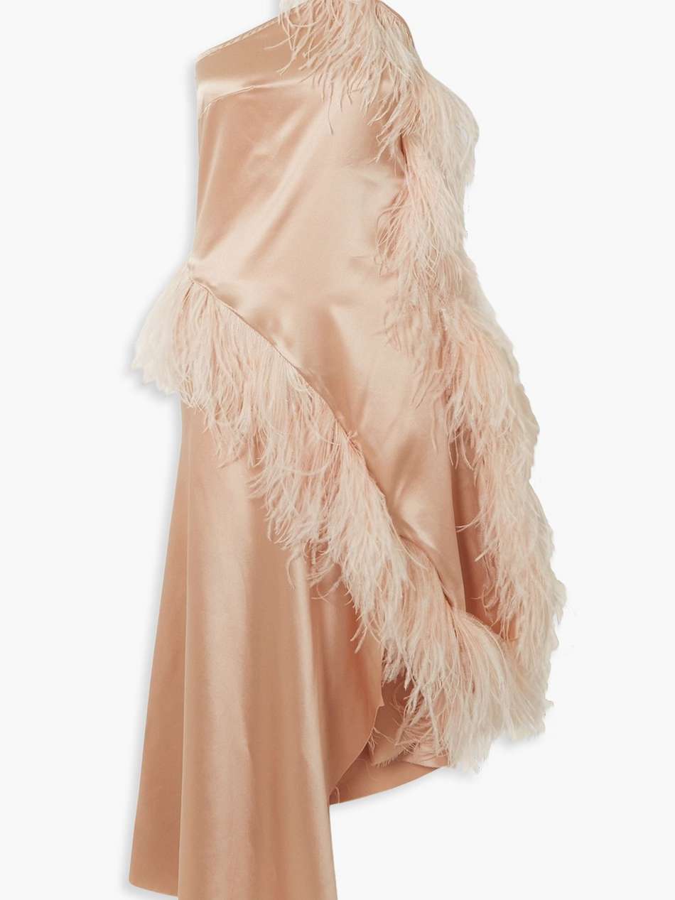 one-shoulder asymmetric feather-trimmed silk-satin dress