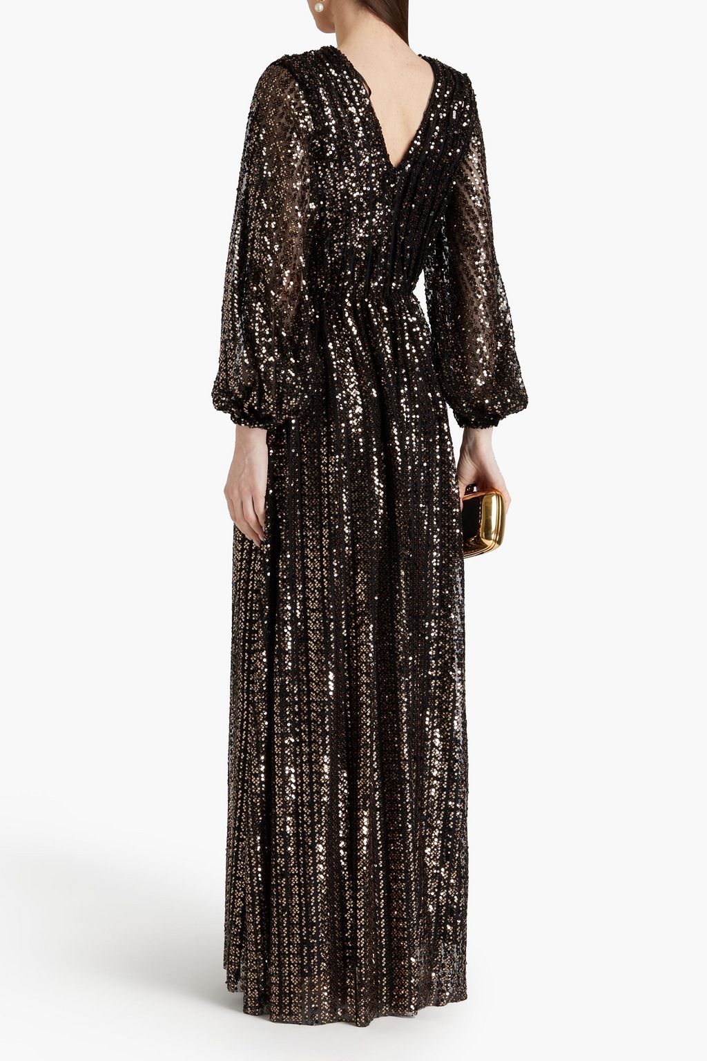 HALSTON チュール ロングドレス ギャザー入り スパンコール付き