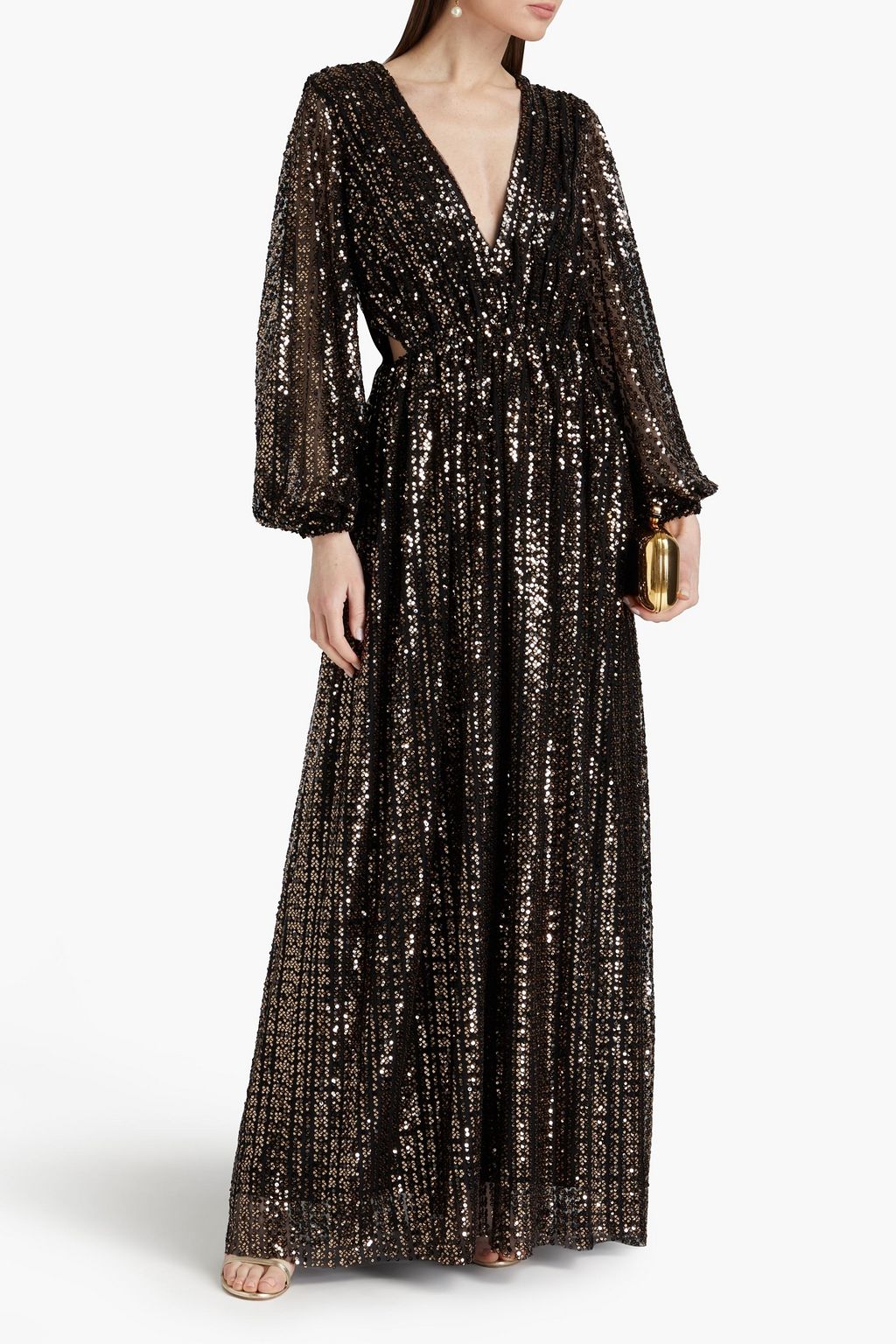 HALSTON チュール ロングドレス ギャザー入り スパンコール付き