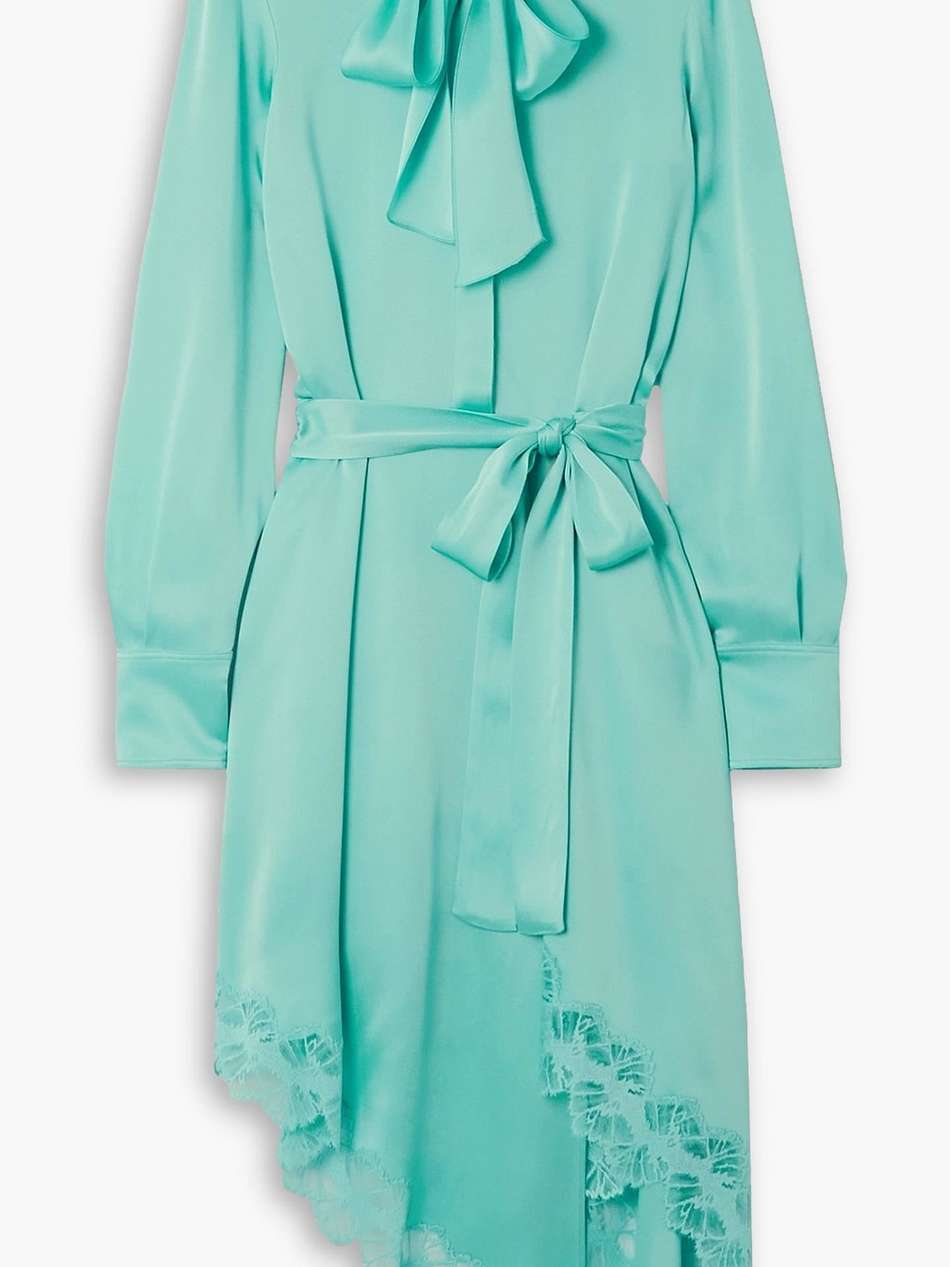 belted lace-trimmed satin midi dress
