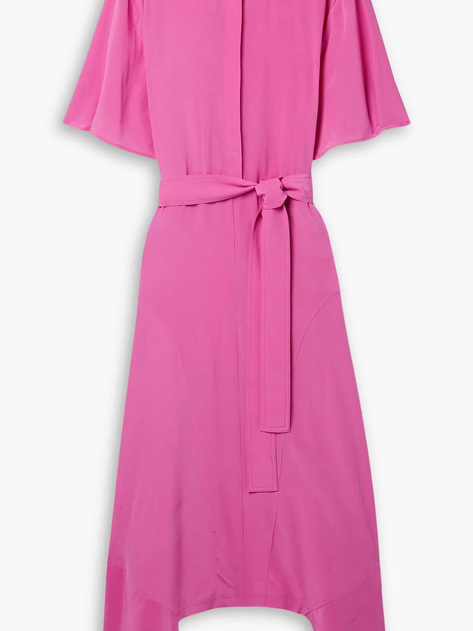 belted asymmetric silk crepe de chine midi dress