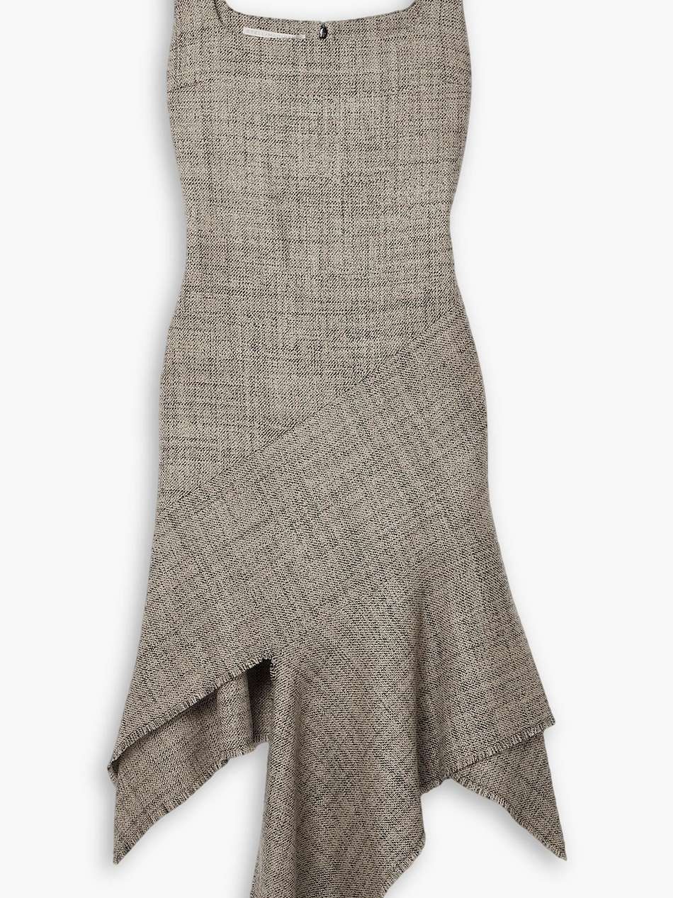 asymmetric paneled frayed wool-tweed dress