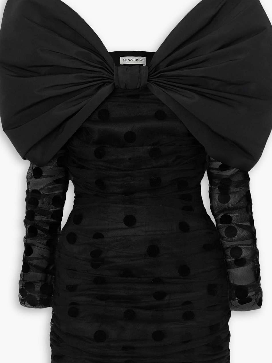 off-the-shoulder bow-detailed taffeta-trimmed flocked tulle mini dress