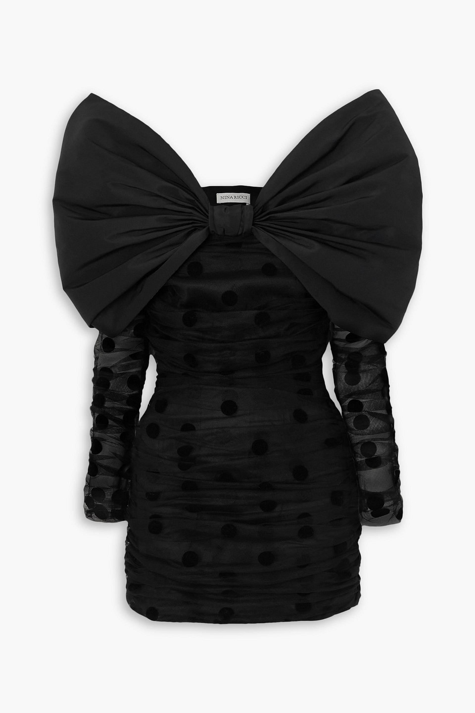 Nina Ricci Off-the-shoulder Bow-detailed Taffeta-trimmed Flocked Tulle Mini Dress In Black