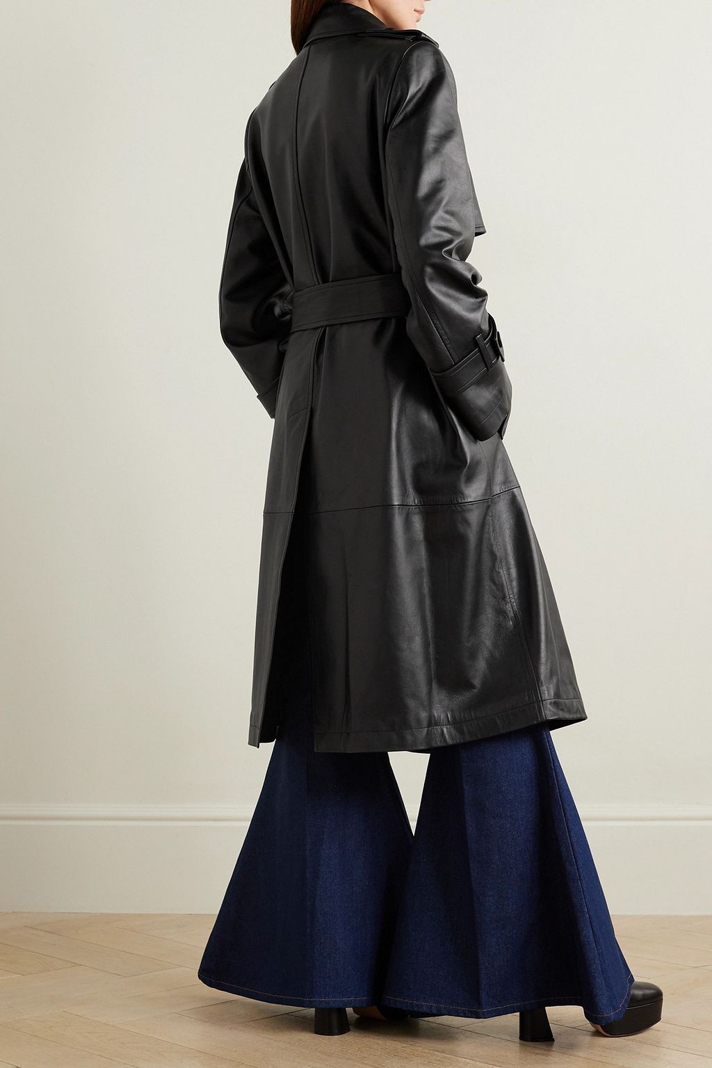 NINA RICCI 패널 더블 브레스티드 가죽 트렌치 코트