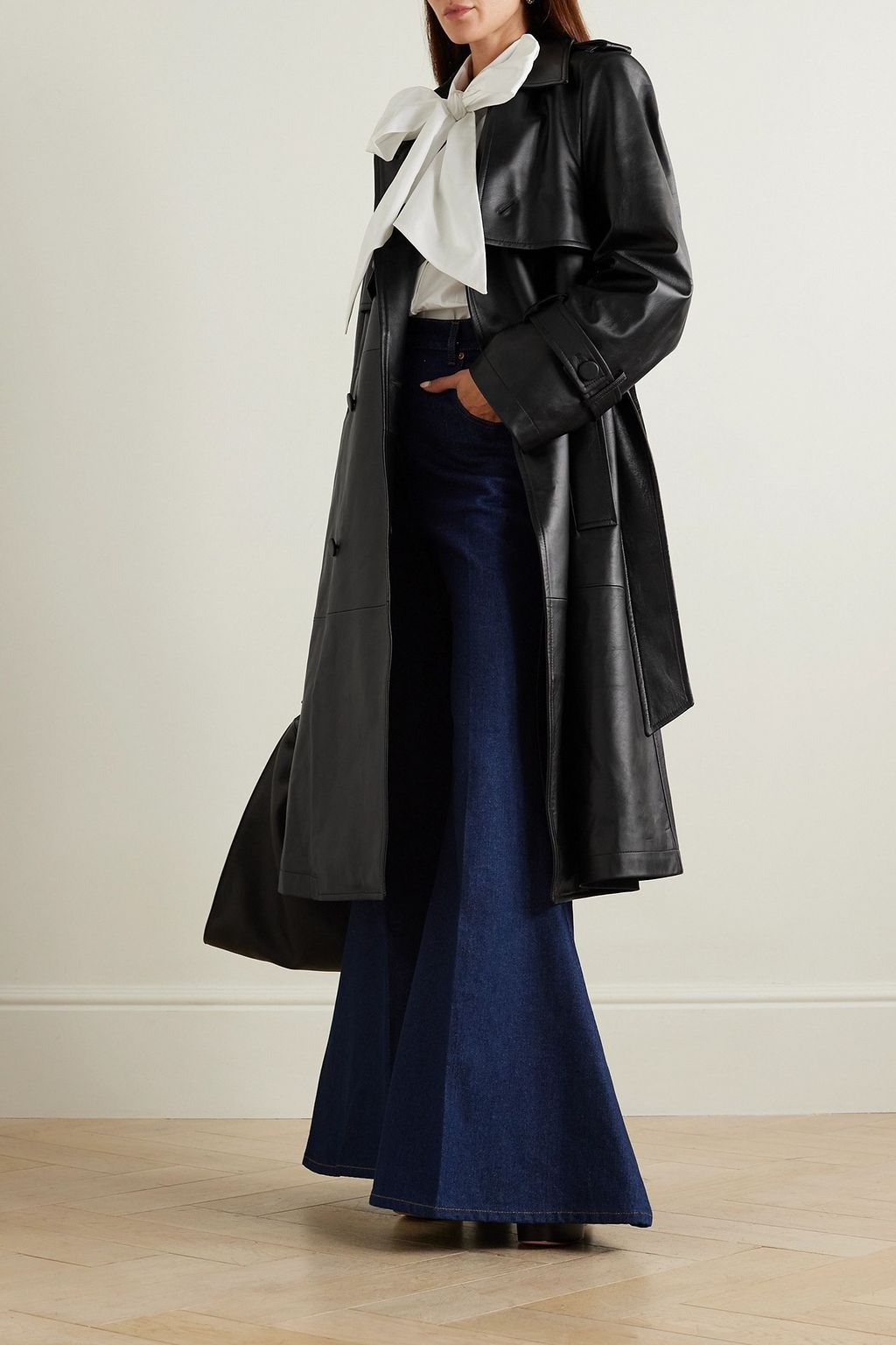 NINA RICCI 패널 더블 브레스티드 가죽 트렌치 코트