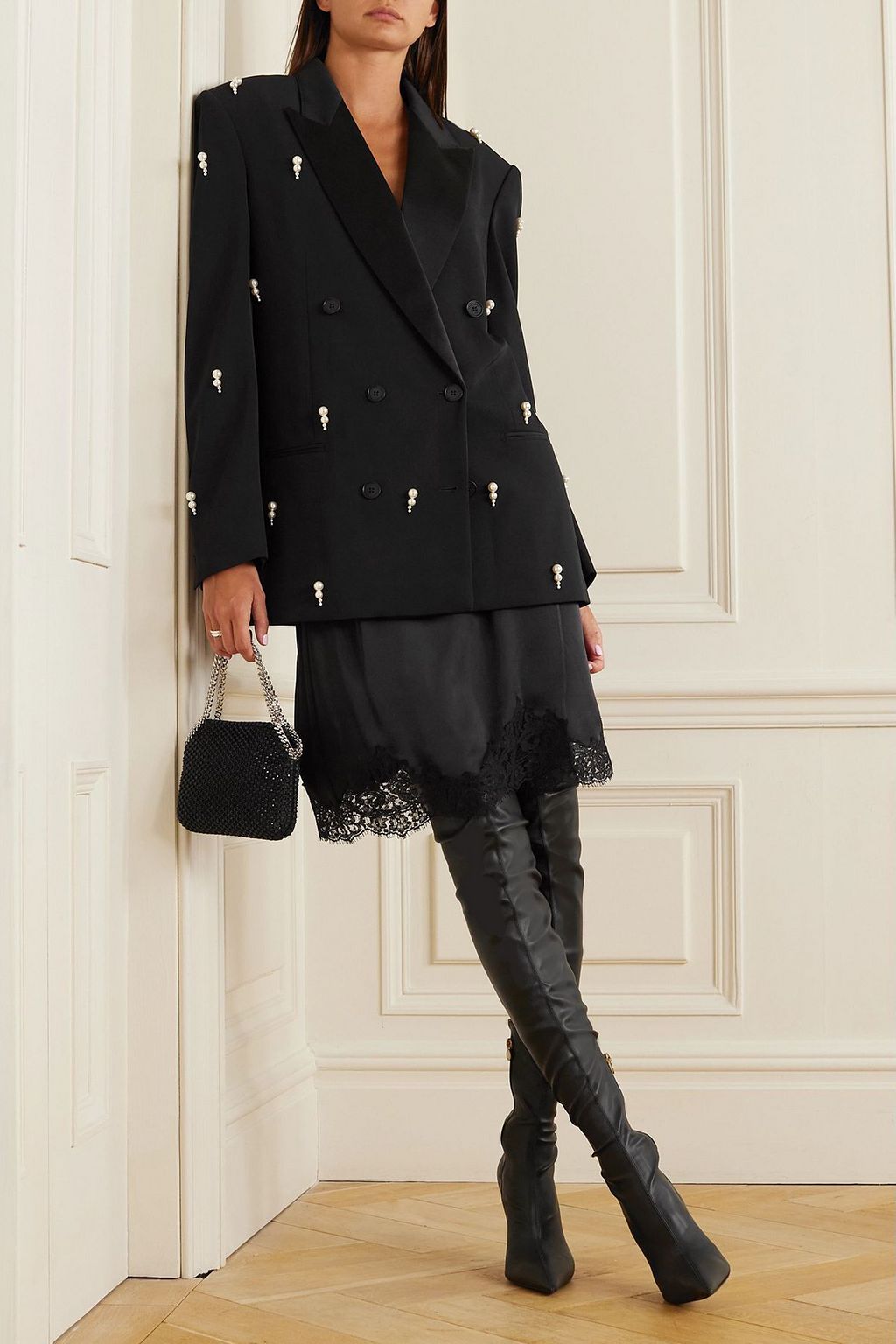 STELLA MCCARTNEY Oversized faux pearl-embellished double-breasted wool-blend blazer