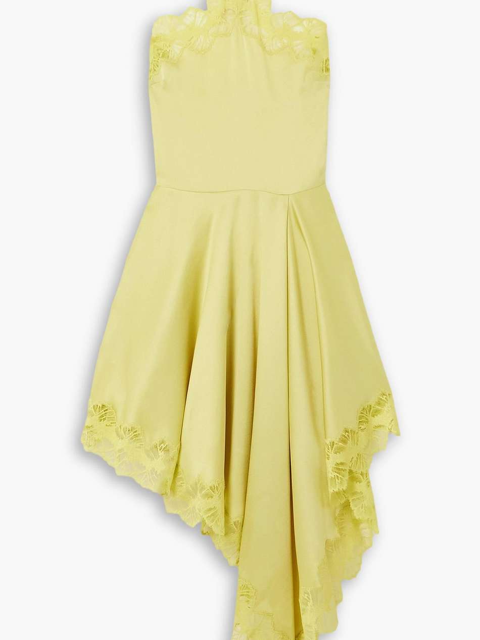 asymmetric halterneck lace-trimmed satin mini dress