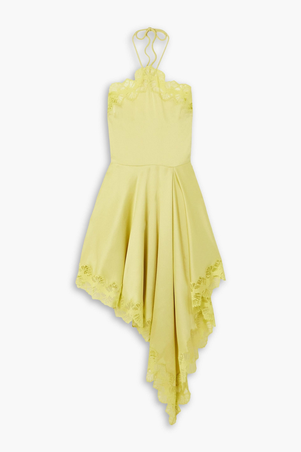 Stella Mccartney + Net Sustain Asymmetric Halterneck Lace-trimmed Satin Mini Dress In Lime Green