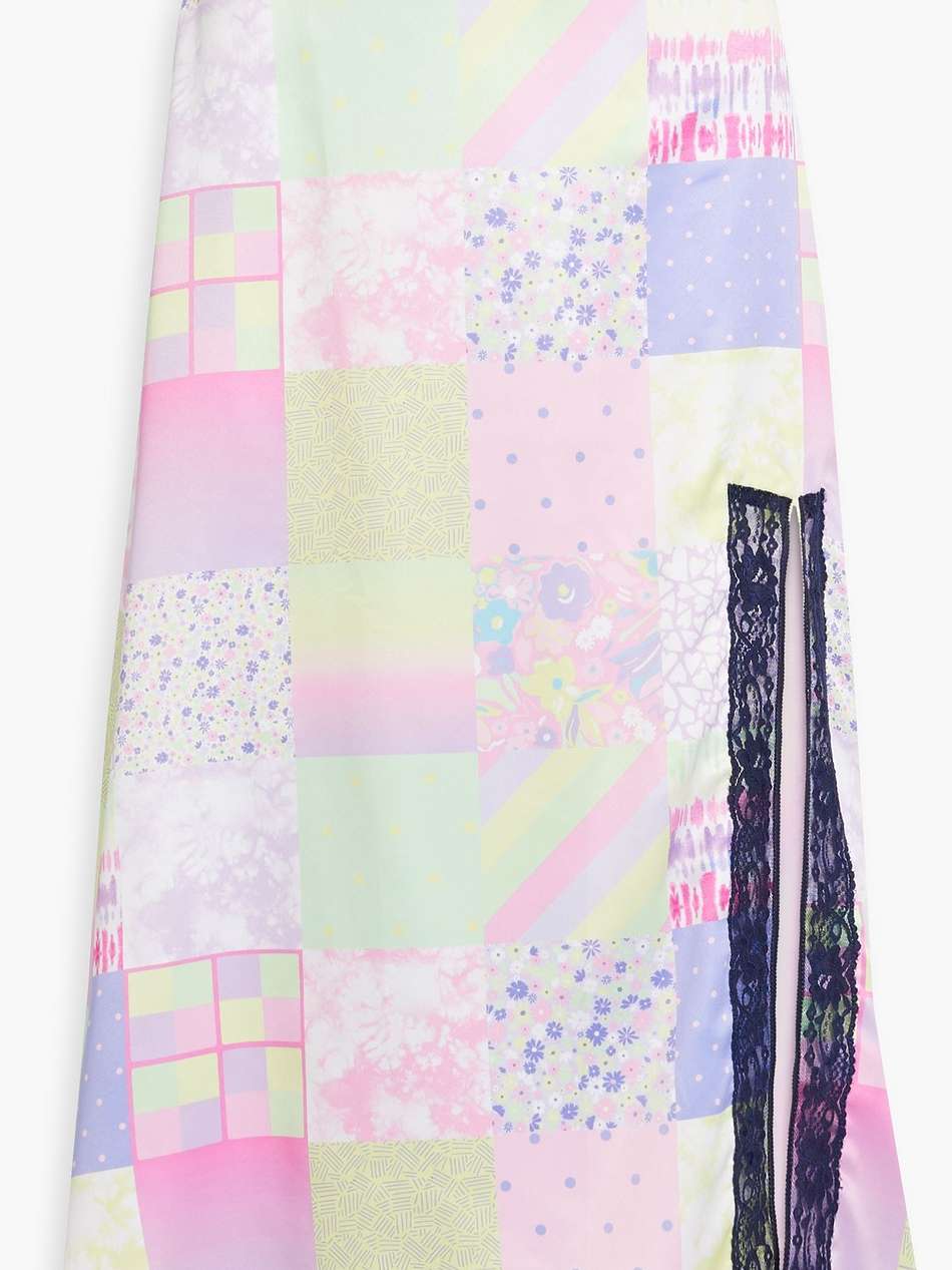 adrianne patchwork-effect printed satin midi skirt