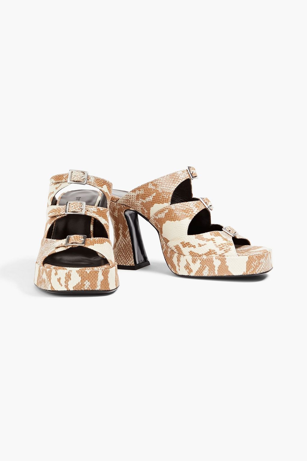 BY FAR Chaka buckled snake-effect leather mules