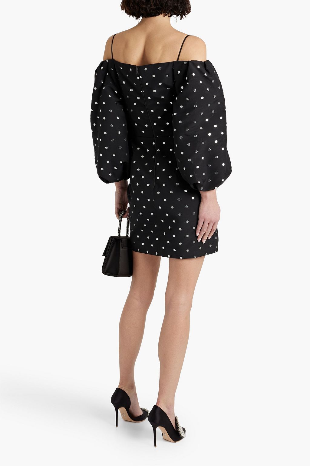 RASARIO Cold-shoulder polka-dot jacquard mini dress