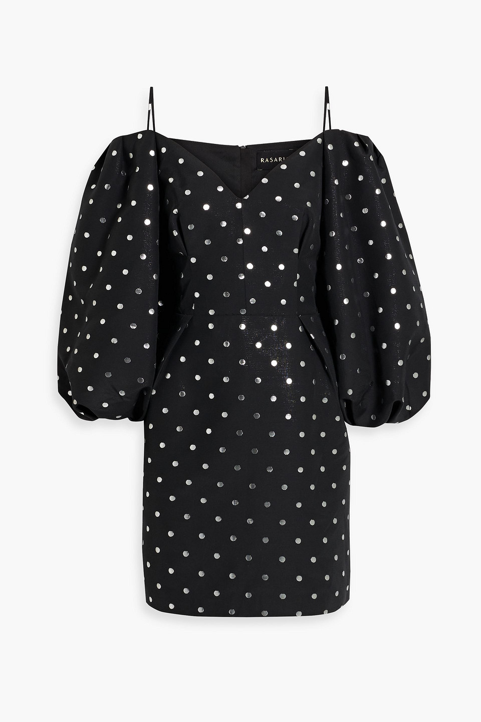 Rasario Cold-shoulder Polka-dot Jacquard Mini Dress In Black