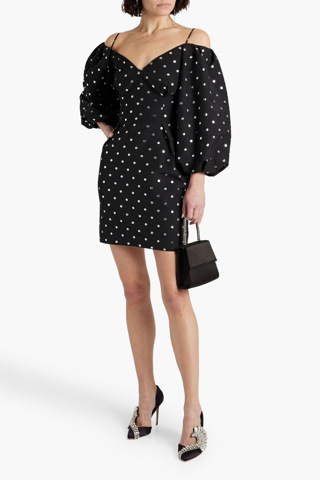 RASARIO Cold-shoulder polka-dot jacquard mini dress