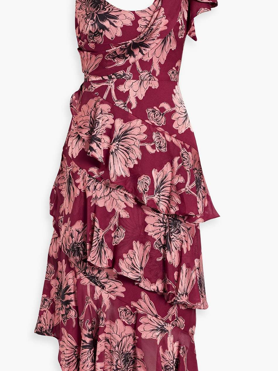asymmetric tiered floral-print fil coupé chiffon midi dress