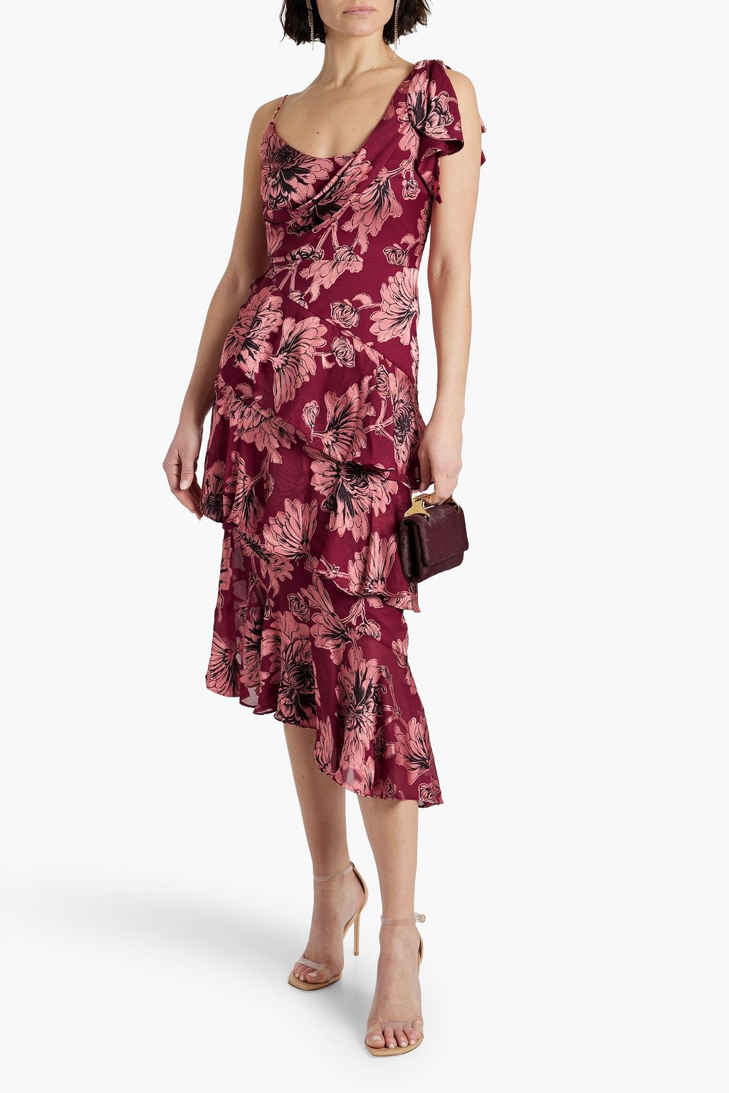 THEIA Asymmetric tiered floral-print fil coupé chiffon midi dress