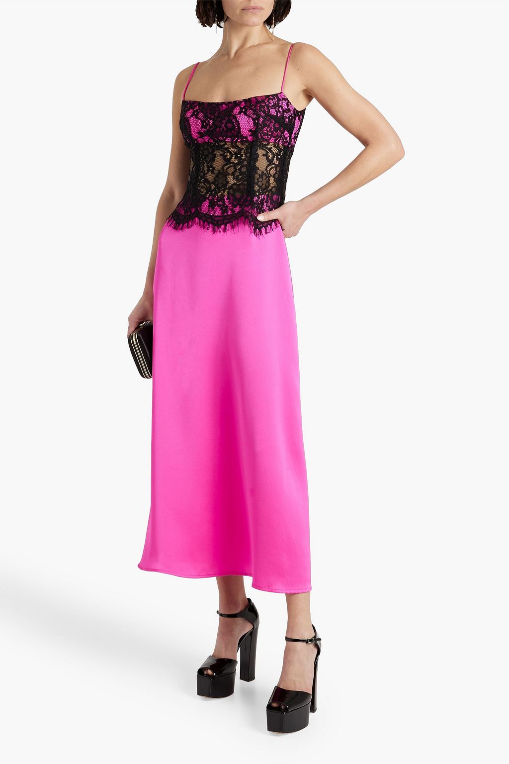 RASARIO Lace-paneled satin-crepe midi dress