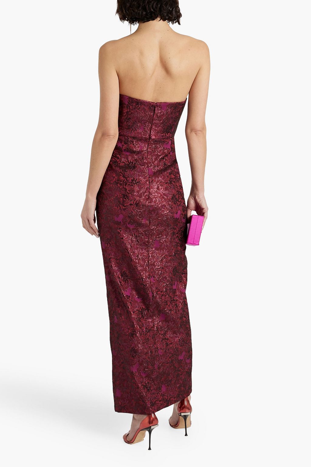 THEIA Strapless metallic floraljacquard wrap gown THE