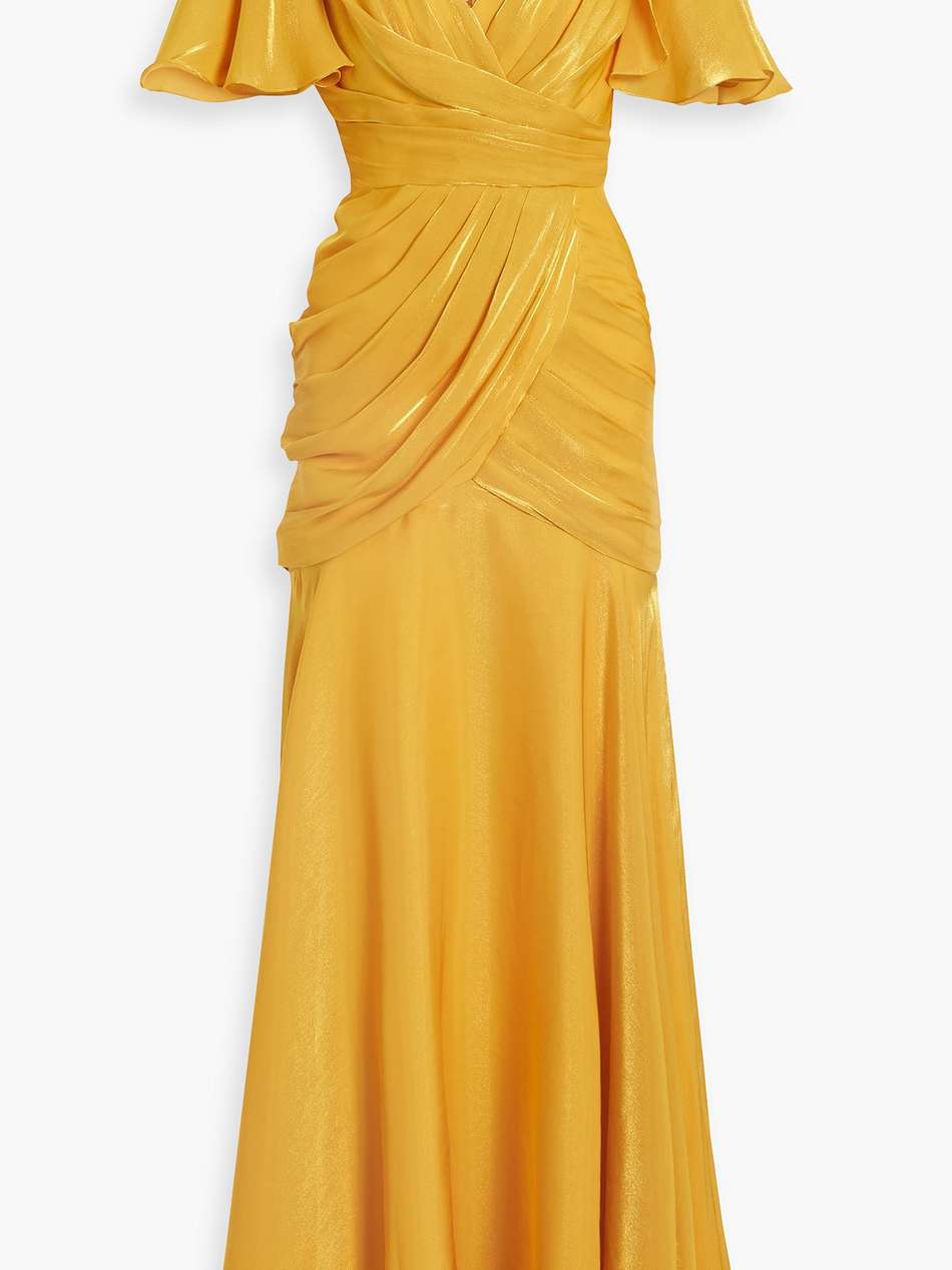 tamara wrap-effect metallic georgette gown