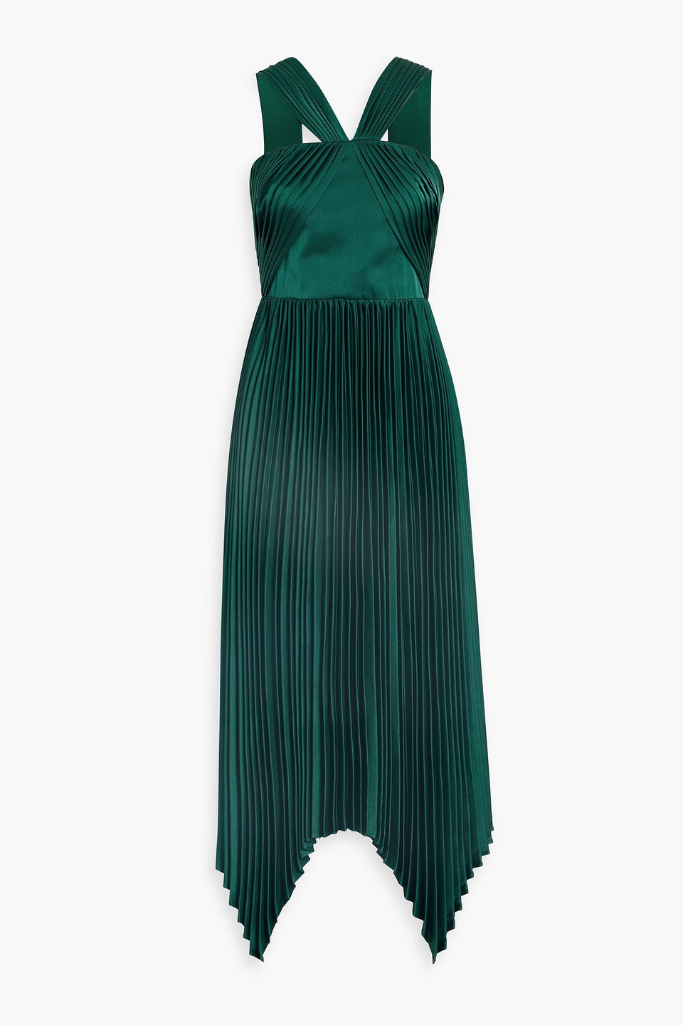 Theia Eleanora Asymmetric Pleated Satin Midi Dress In Emerald