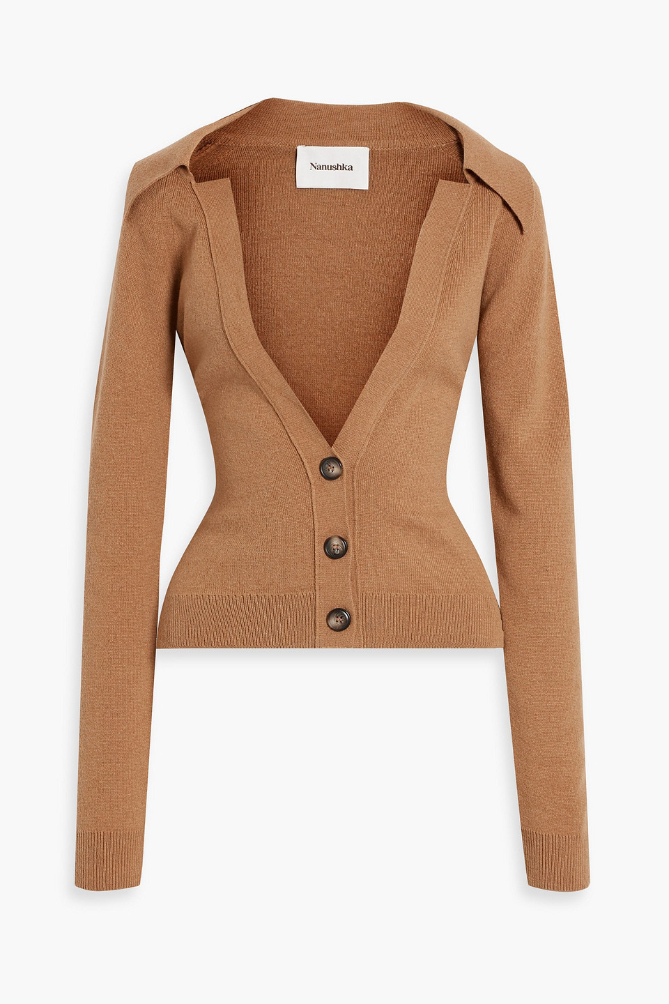 Nanushka Jodi Rib-trimmed Knitted Cardigan In Camel