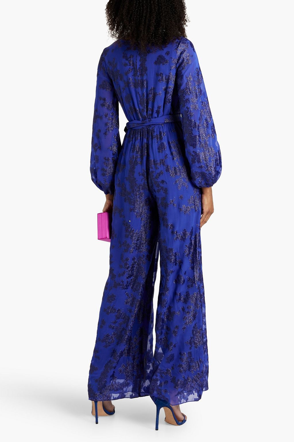 ML MONIQUE LHUILLIER Belted metallic fil coupé silk-blend wide-leg jumpsuit