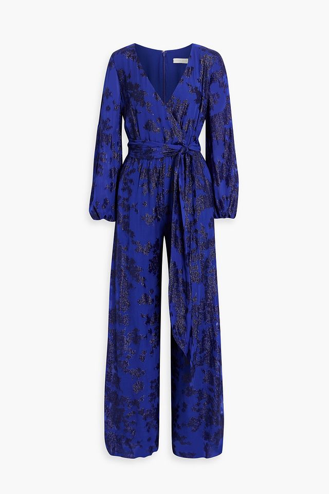 Belted metallic fil coupé silk-blend wide-leg jumpsuit