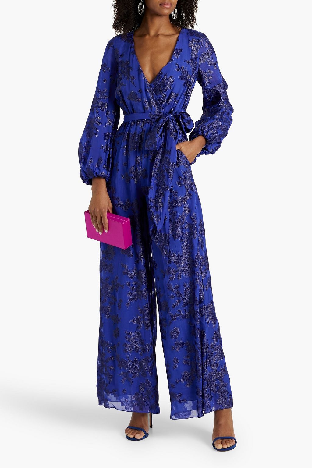 ML MONIQUE LHUILLIER Belted metallic fil coupé silk-blend wide-leg jumpsuit